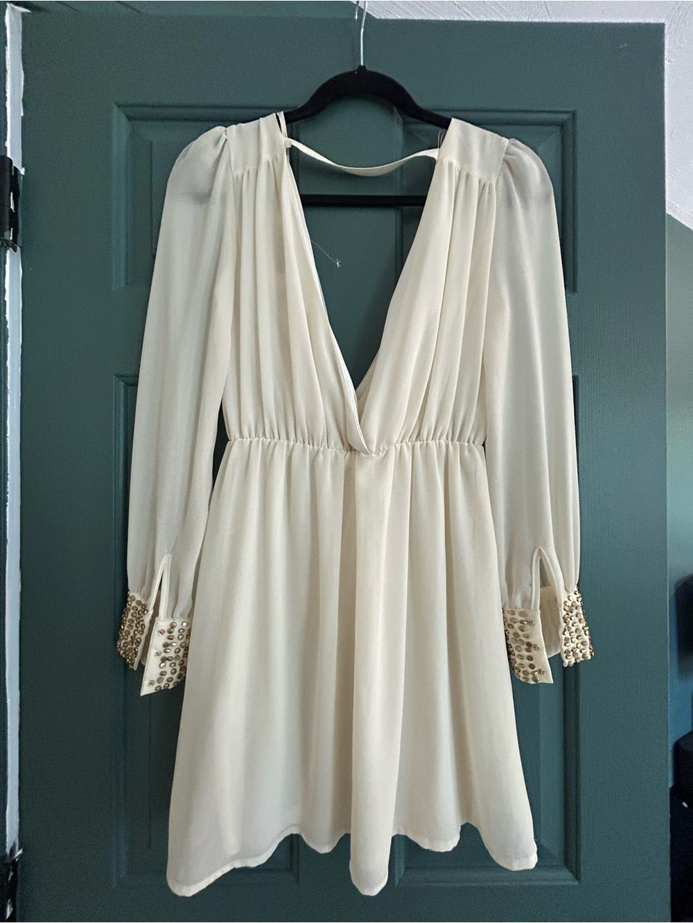 NWT Bliss Cream V-Neck Mini Dress with Gold-Embellished Cuffs
